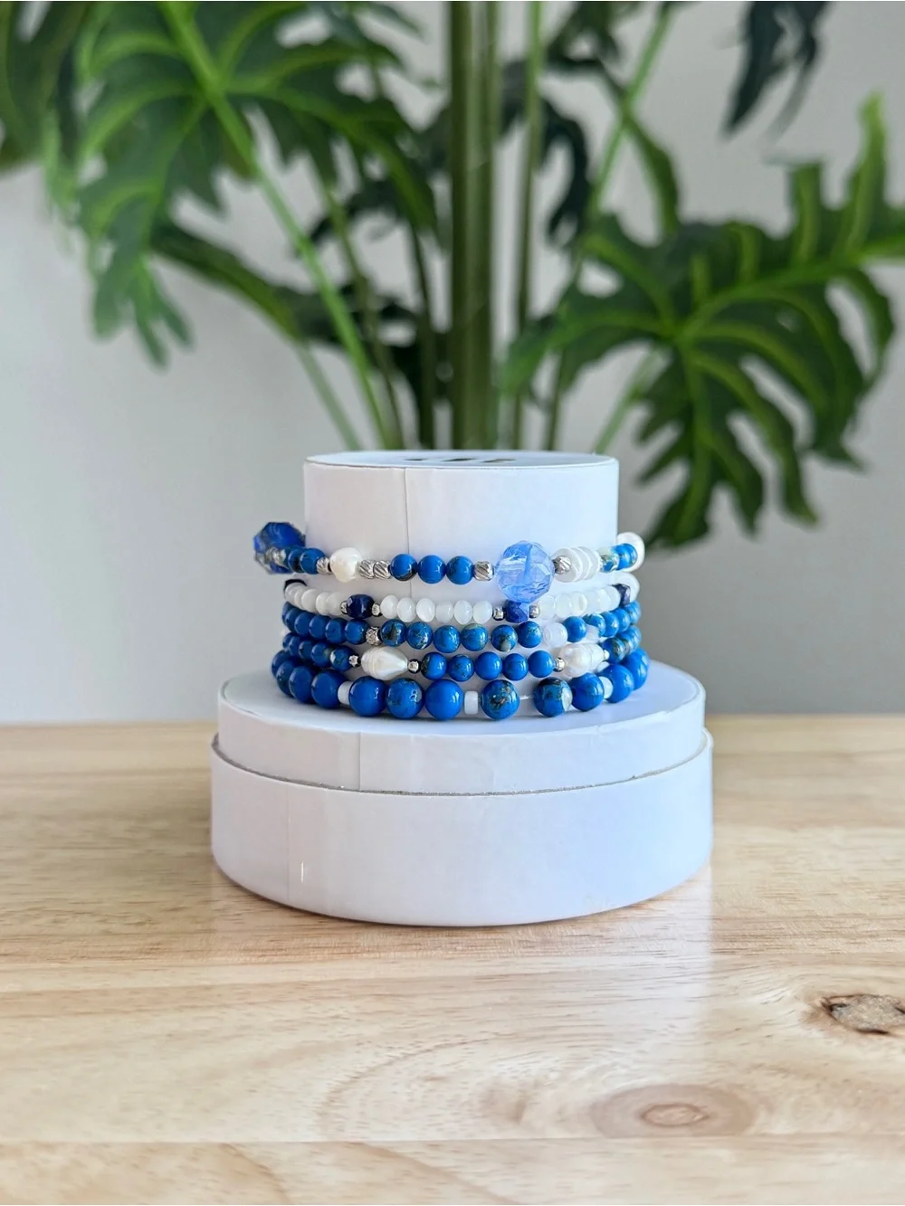 Blue & White Beaded Stretch Bracelet Stack with Sand Dollar Charm | Ryze Party